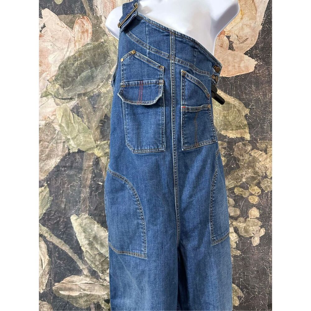 Anthropologie Dark Blue Denim Wide-Leg Asymmetric Overalls Jumpsuit - Picture 5 of 11